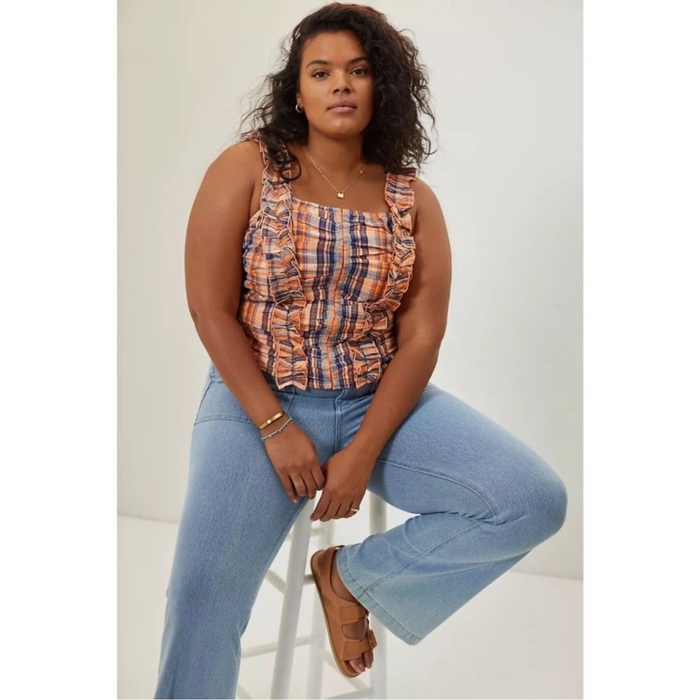🧡Anthropologie Verb Orange & Blue Plaid Ruffle Sleeveless Crop Top 💙 - Picture 5 of 7